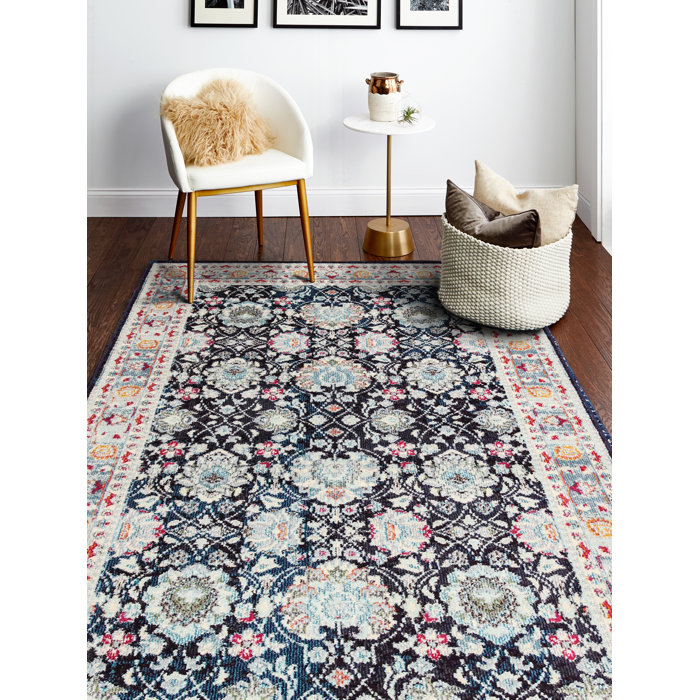 Charlton Home® Kalispell Performance Ivory/Black/Blue Rug & Reviews